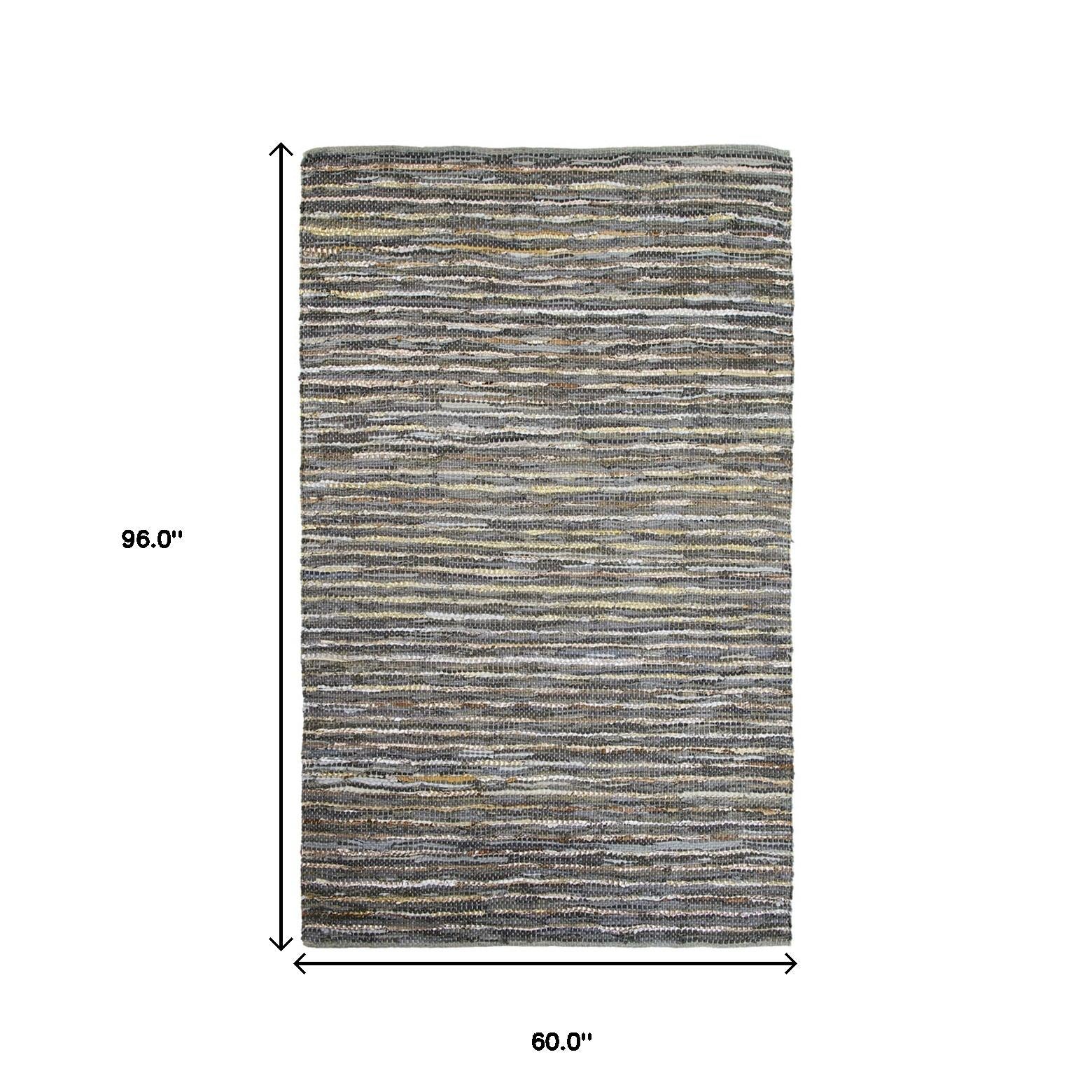 5' X 8' Dusty Grey Striped Handmade Leather Area Rug