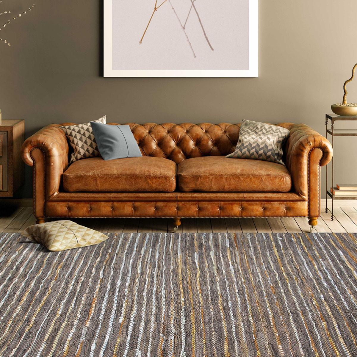 5' X 8' Fossil Striped Handmade Leather Area Rug