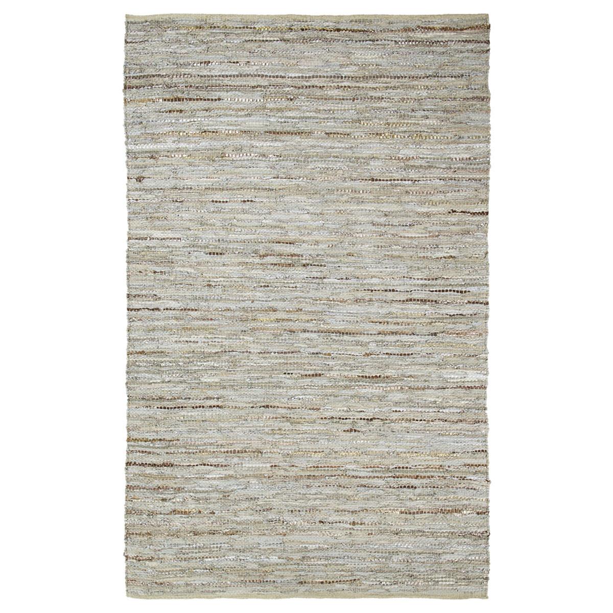 5' X 8' Oatmeal Striped Handmade Leather Area Rug
