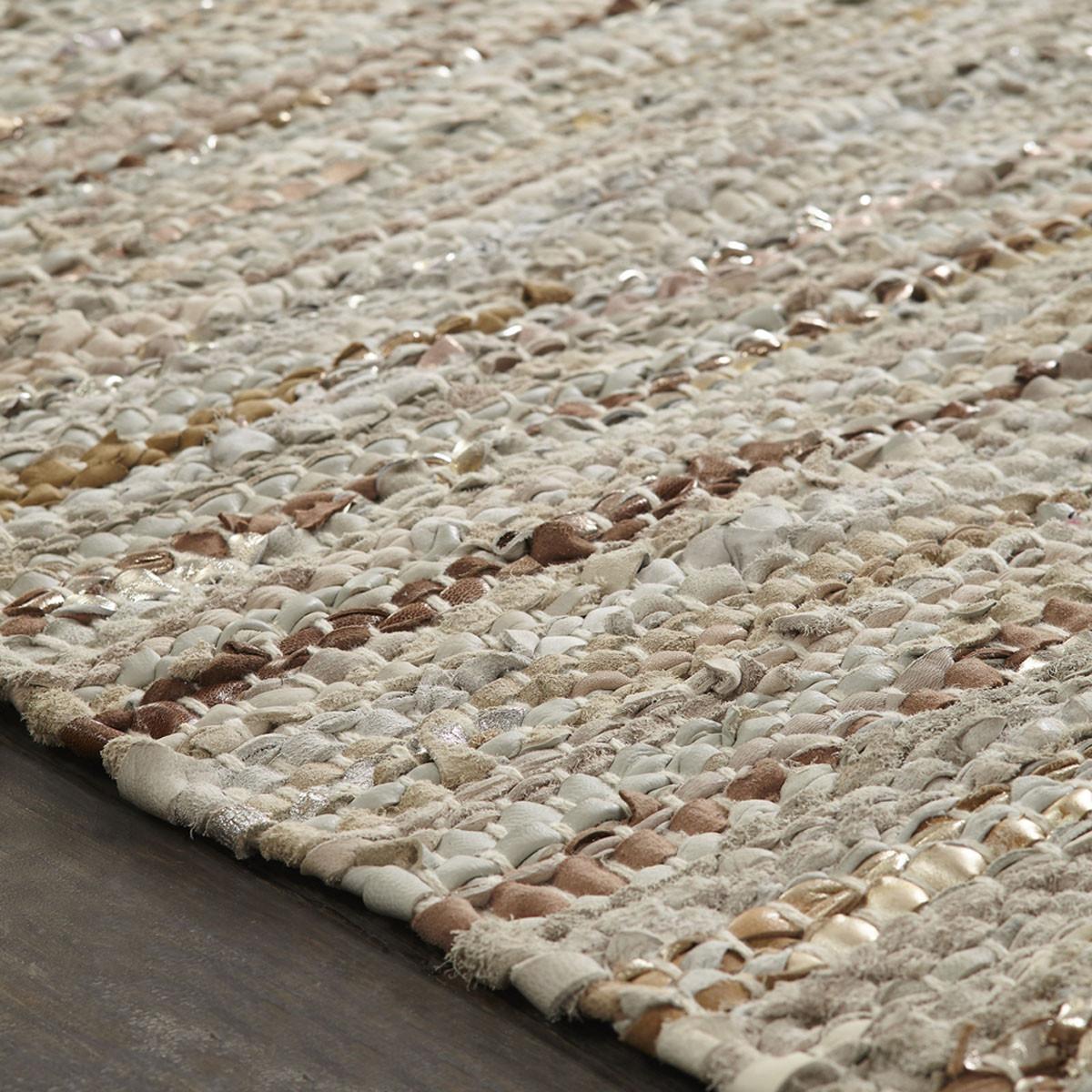 5' X 8' Oatmeal Striped Handmade Leather Area Rug