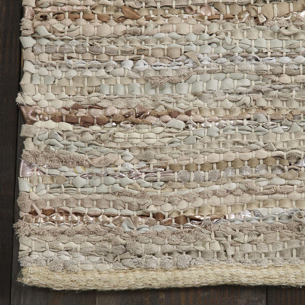 5' X 8' Oatmeal Striped Handmade Leather Area Rug