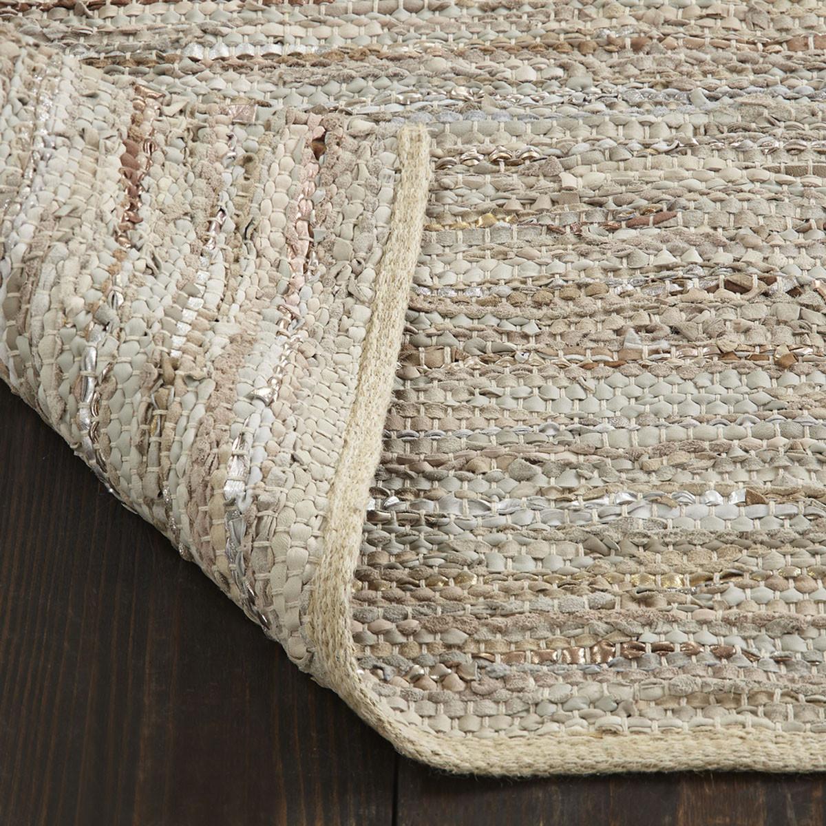5' X 8' Oatmeal Striped Handmade Leather Area Rug