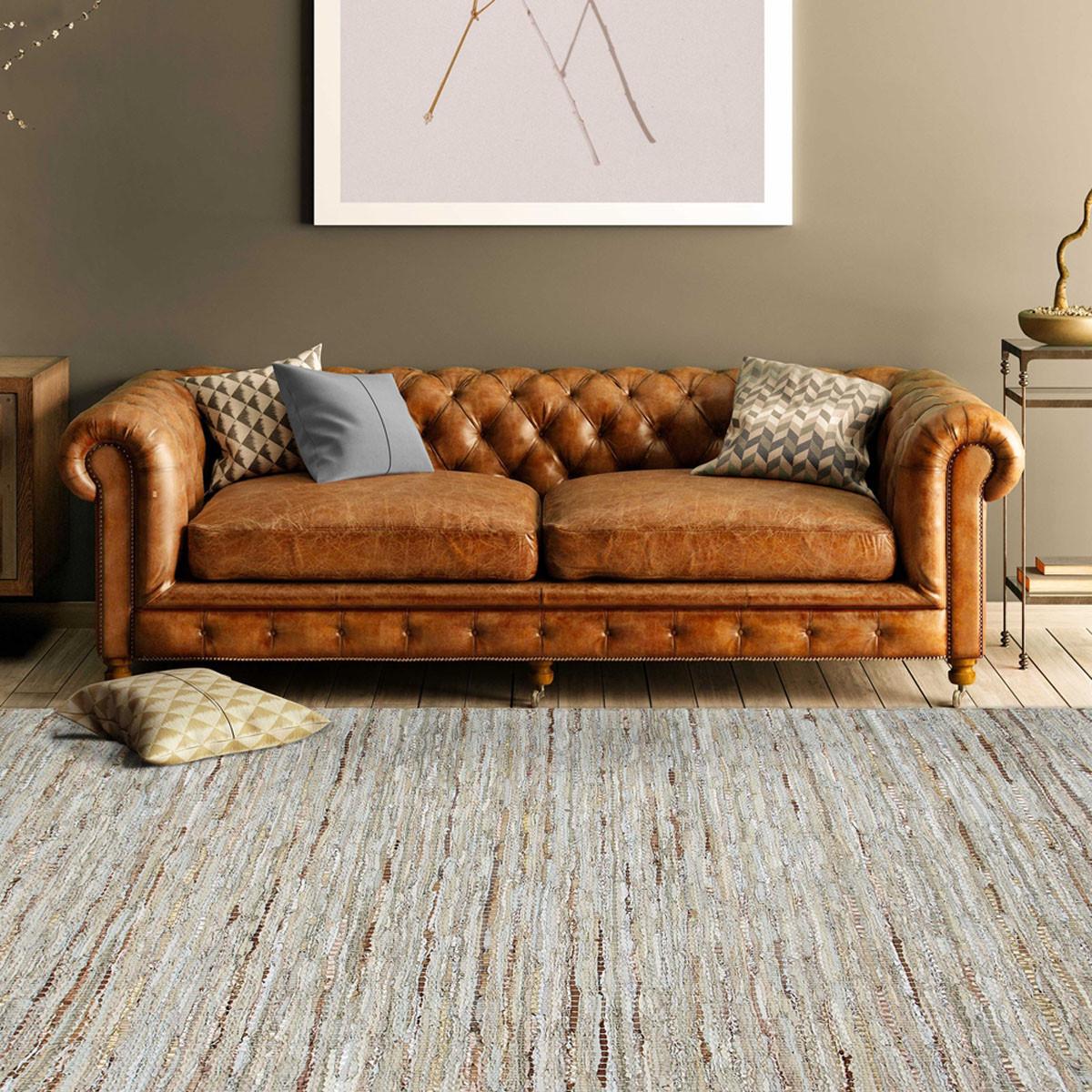 5' X 8' Oatmeal Striped Handmade Leather Area Rug