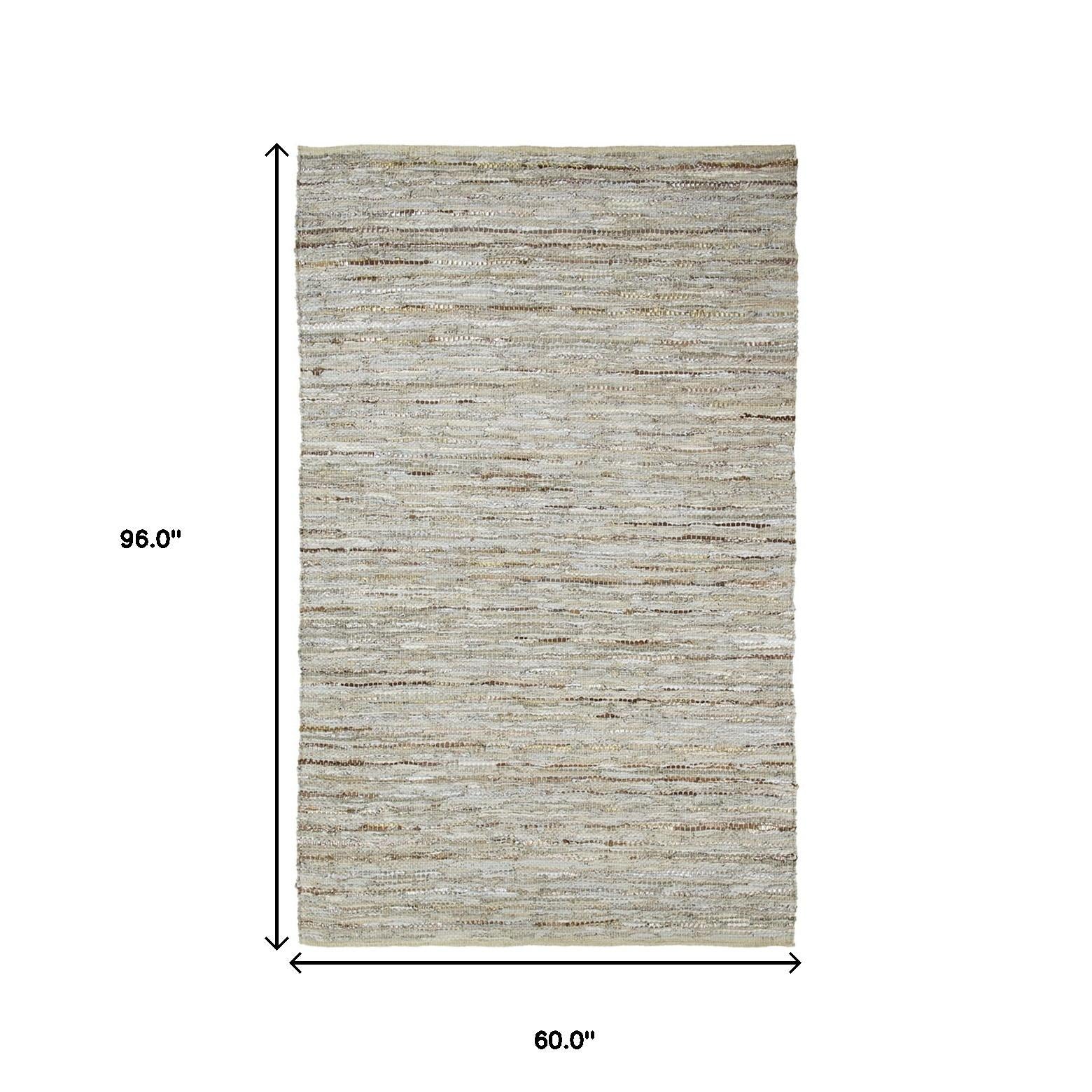 5' X 8' Oatmeal Striped Handmade Leather Area Rug