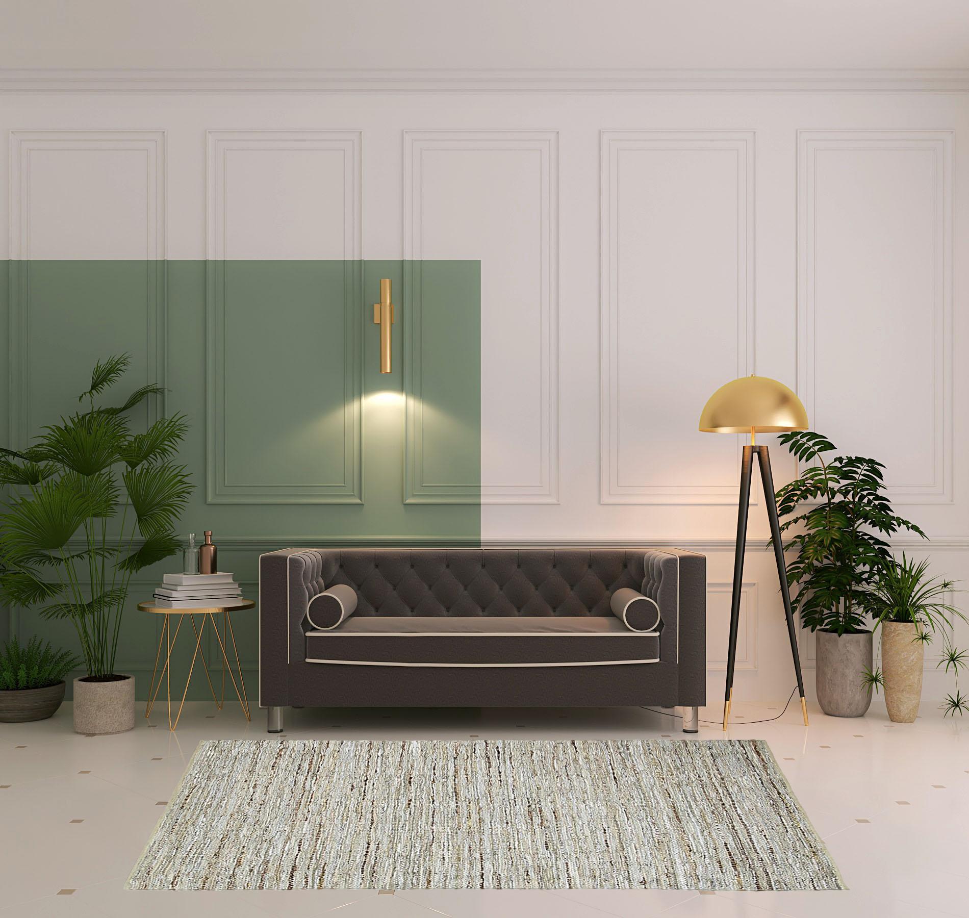 5' X 8' Oatmeal Striped Handmade Leather Area Rug