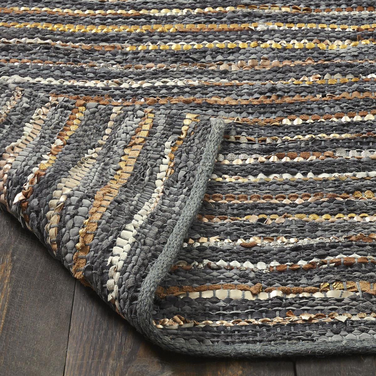 5' X 8' Steel Blue Striped Handmade Leather Area Rug