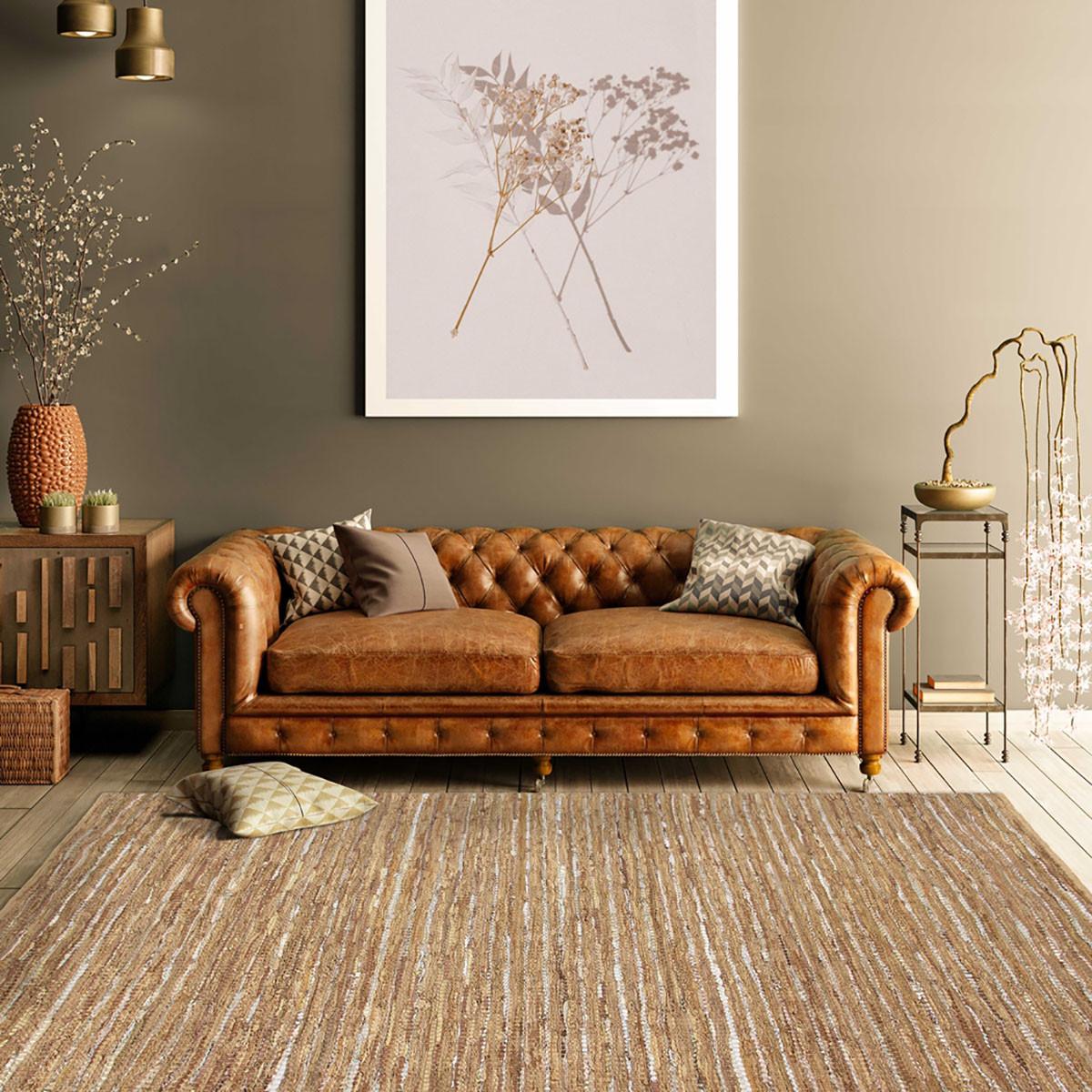 8' X 10' Camel Striped Handmade Leather Area Rug