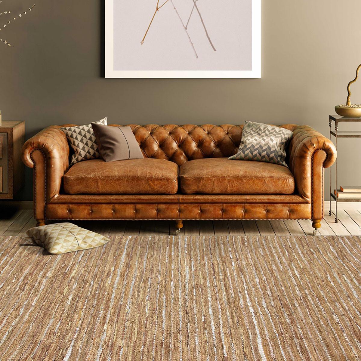 8' X 10' Camel Striped Handmade Leather Area Rug Default Title