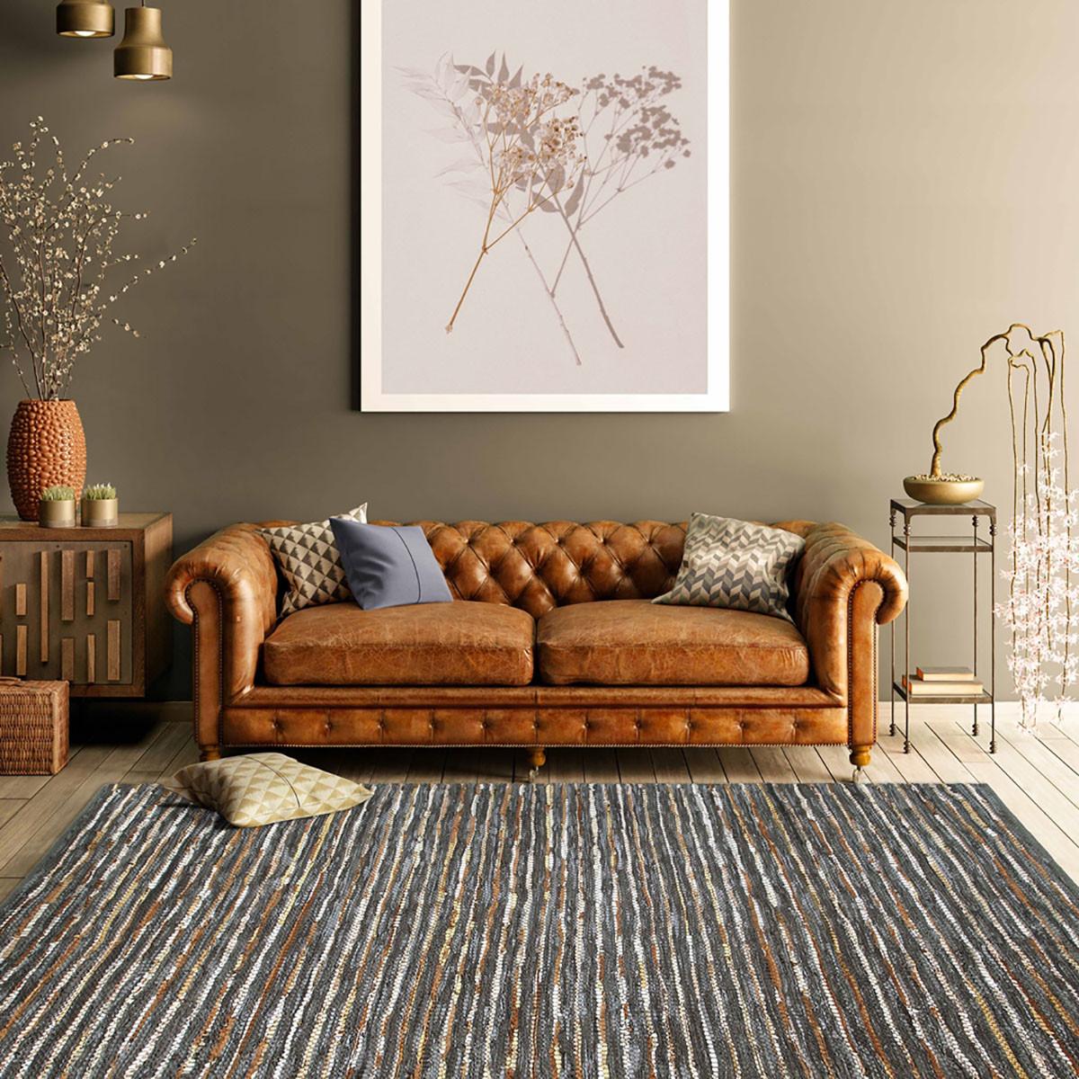 8' X 10' Steel Blue Striped Handmade Leather Area Rug