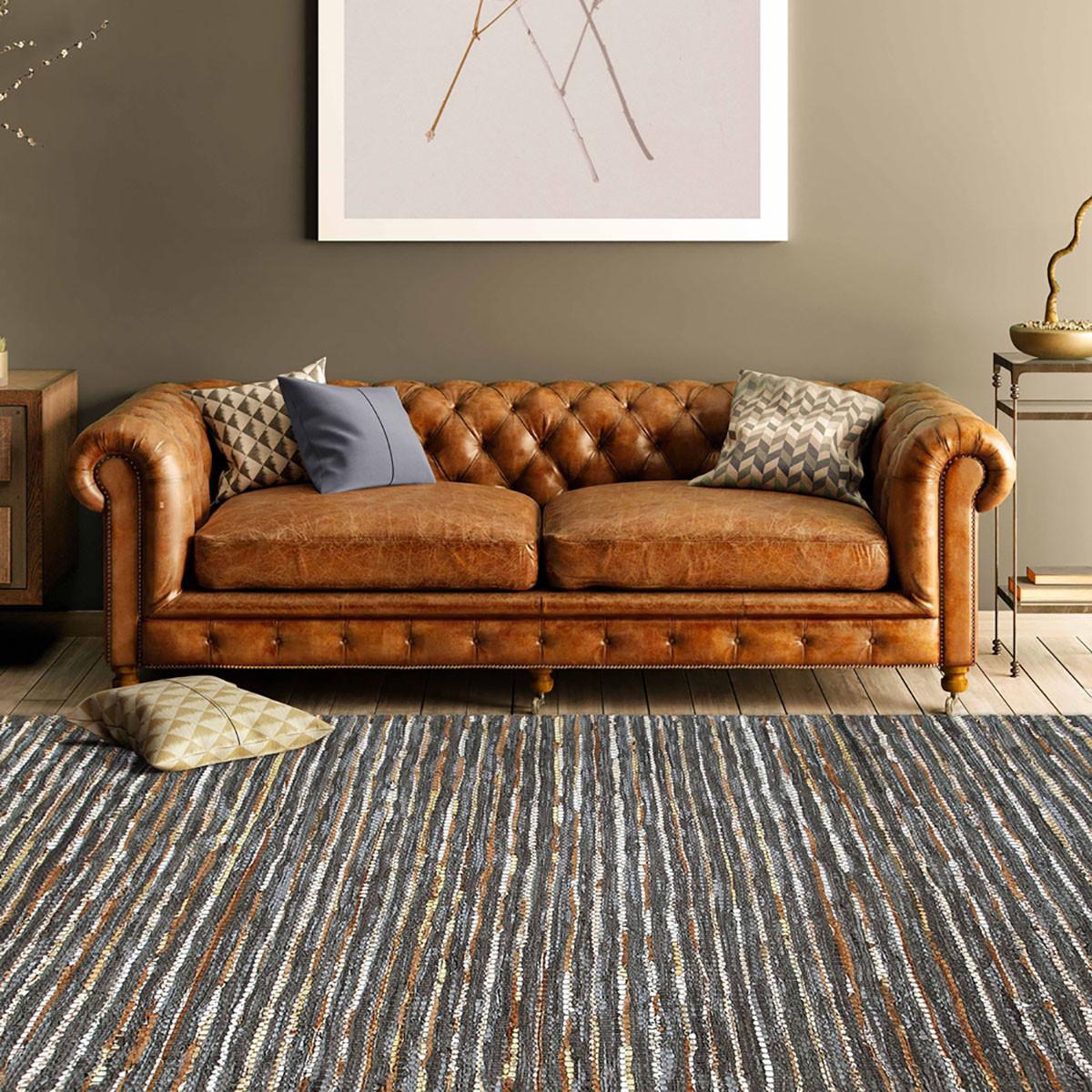 8' X 10' Steel Blue Striped Handmade Leather Area Rug