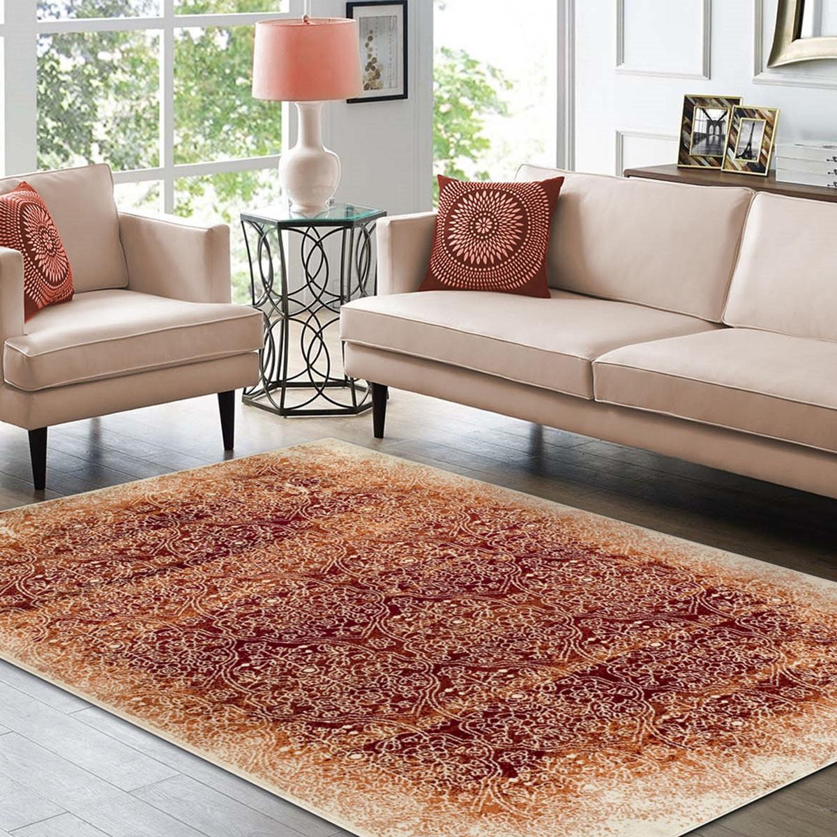 5' X 8' Orange Medallion Stain Resistant Area Rug