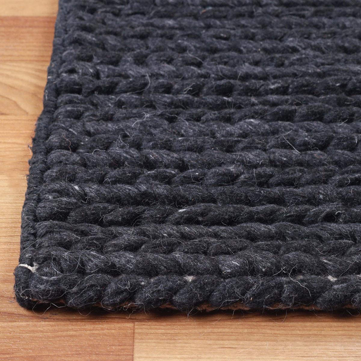 10' Black Wool Handmade Stain Resistant Runner Rug