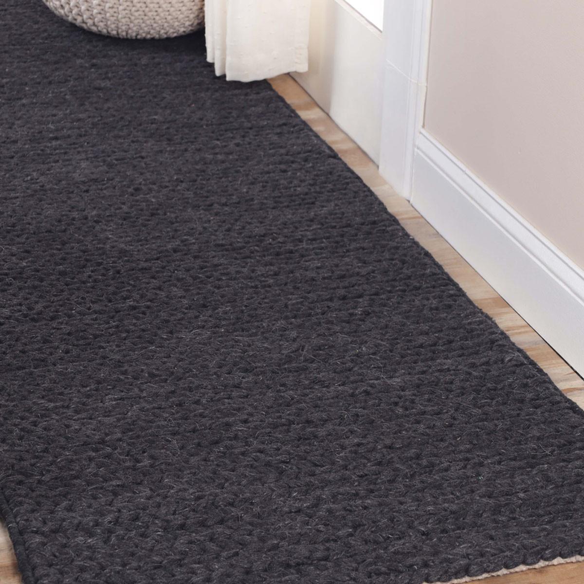 8' Black Wool Handmade Stain Resistant Runner Rug