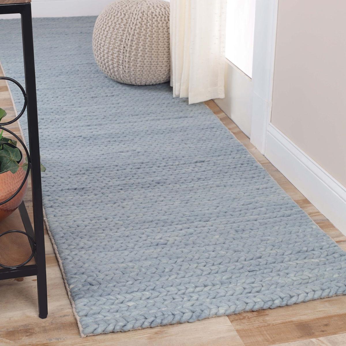 8' Light Blue Wool Handmade Stain Resistant Runner Rug