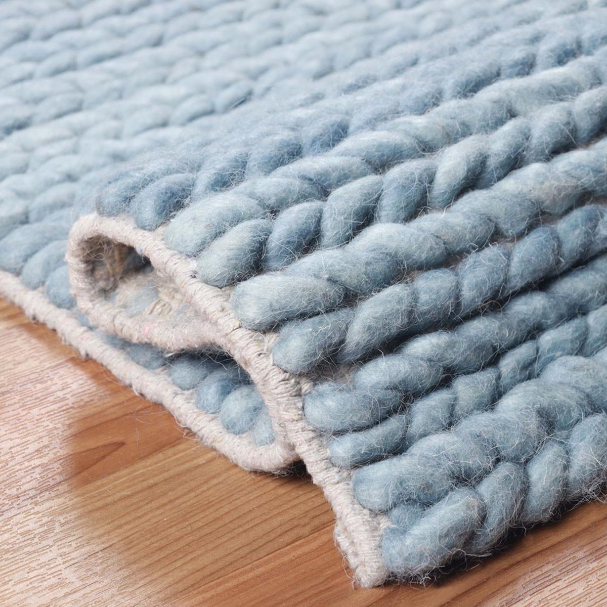 8' Light Blue Wool Handmade Stain Resistant Runner Rug