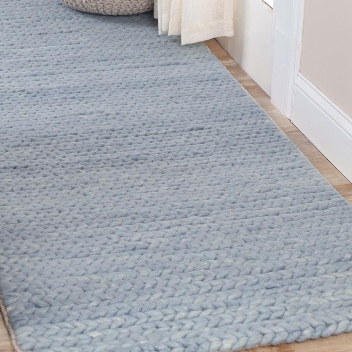 8' Light Blue Wool Handmade Stain Resistant Runner Rug
