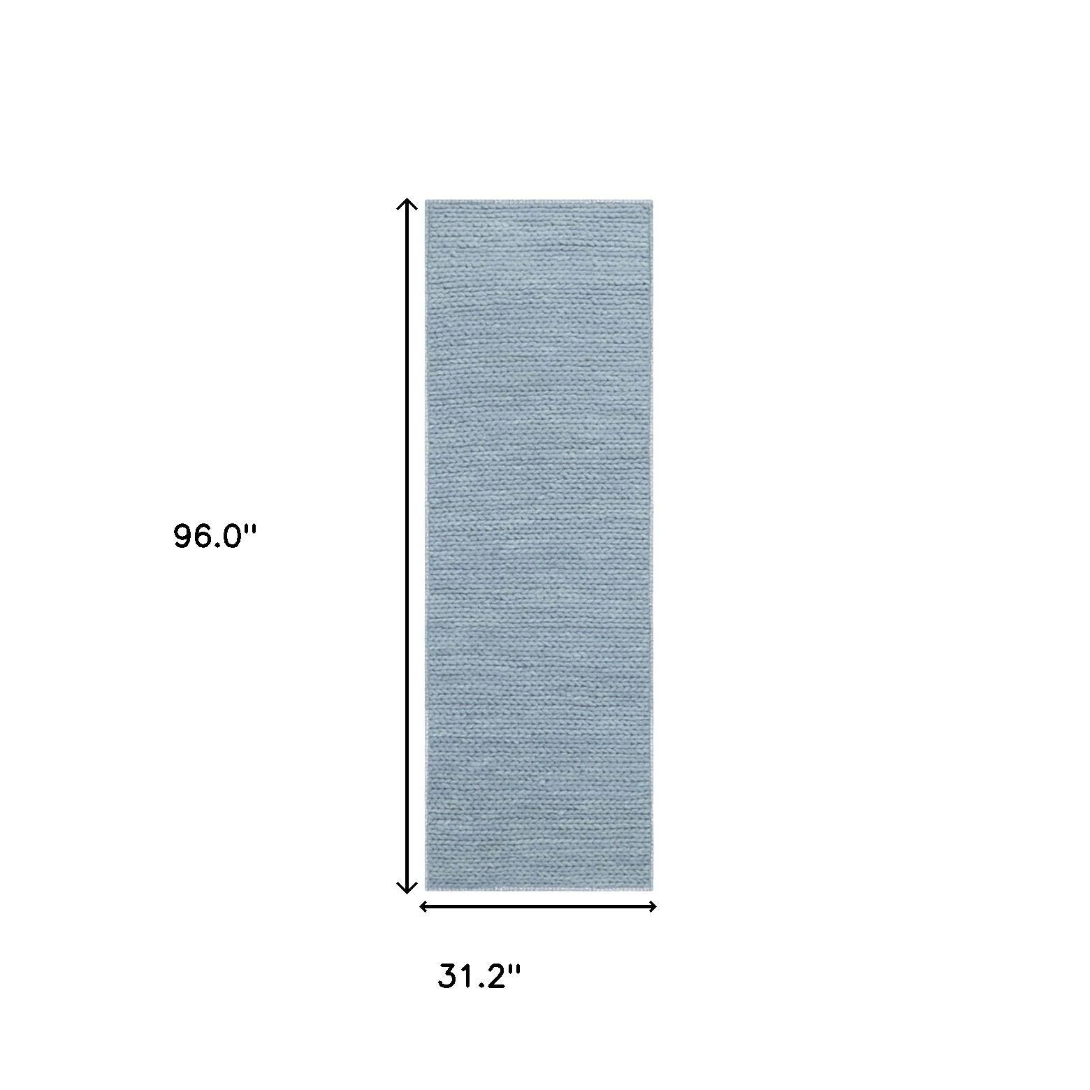 8' Light Blue Wool Handmade Stain Resistant Runner Rug