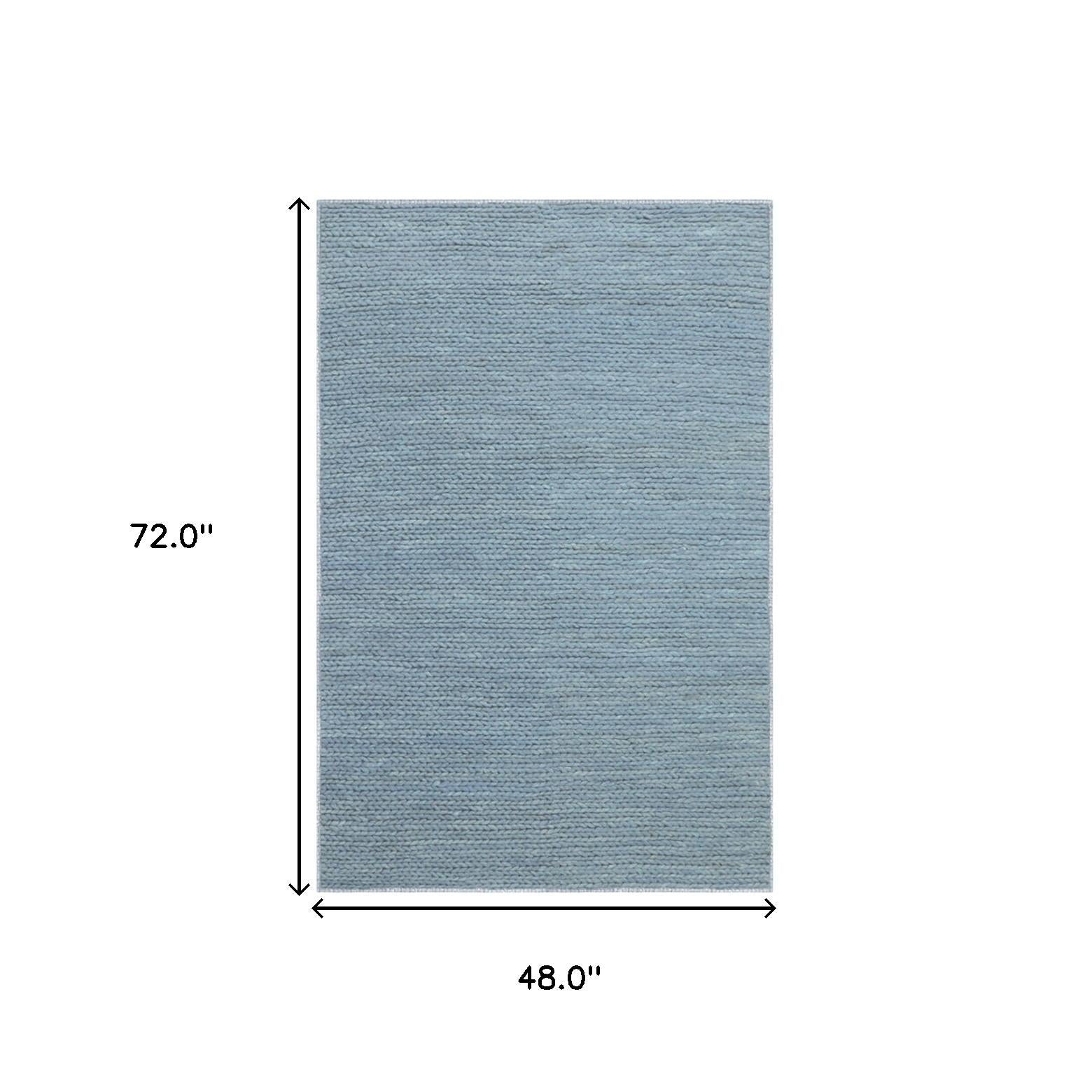 4' X 6' Light Blue Wool Handmade Stain Resistant Area Rug