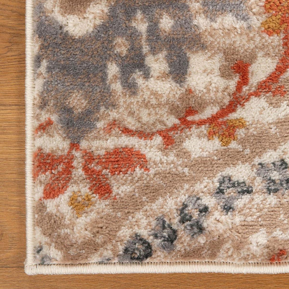 10' Ivory Orange And Gray Floral Stain Resistant Runner Rug