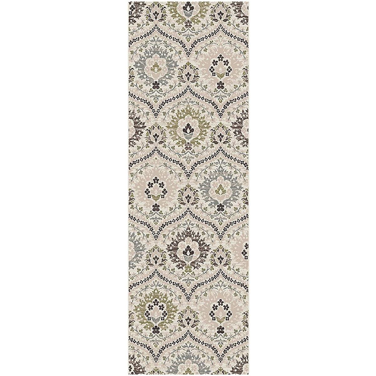 12' Ivory Gray And Olive Floral Stain Resistant Runner Rug