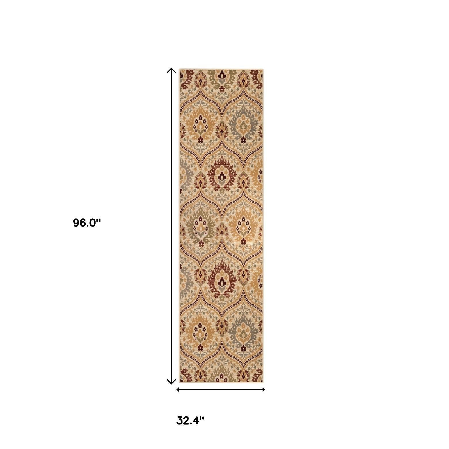 8' Camel Gray And Rust Floral Stain Resistant Runner Rug
