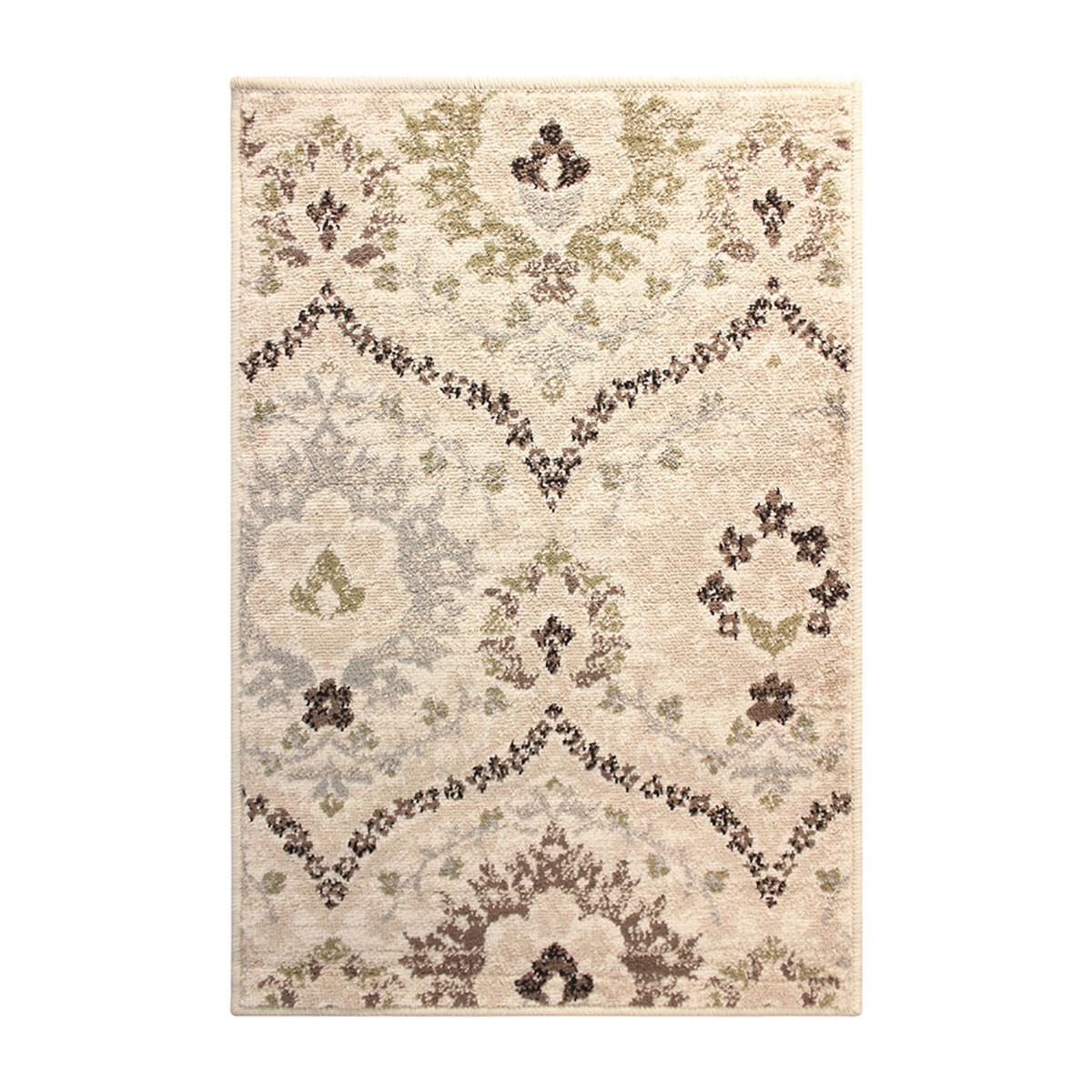 2' X 3' Ivory Gray And Olive Floral Stain Resistant Area Rug