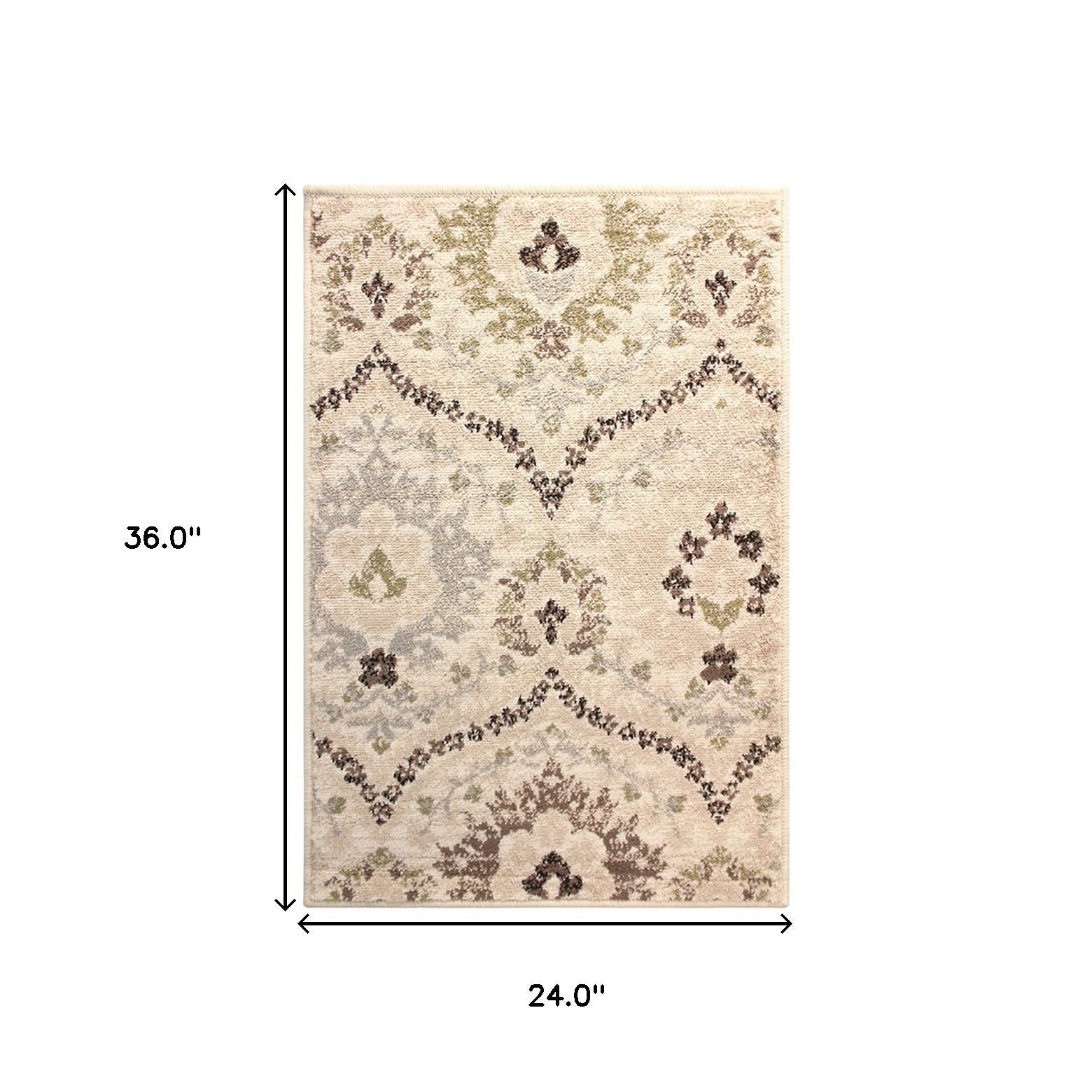 2' X 3' Ivory Gray And Olive Floral Stain Resistant Area Rug