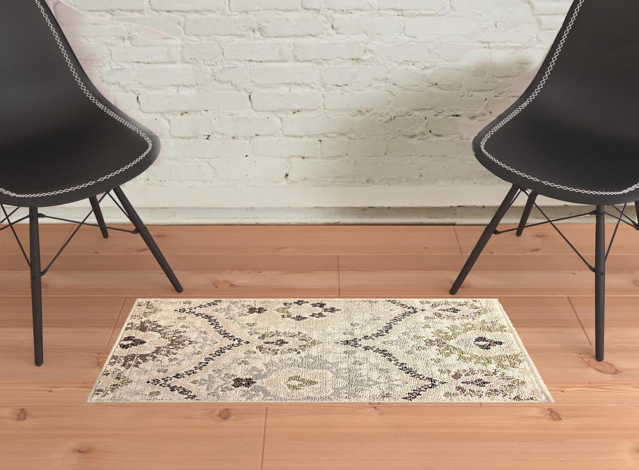 2' X 3' Ivory Gray And Olive Floral Stain Resistant Area Rug