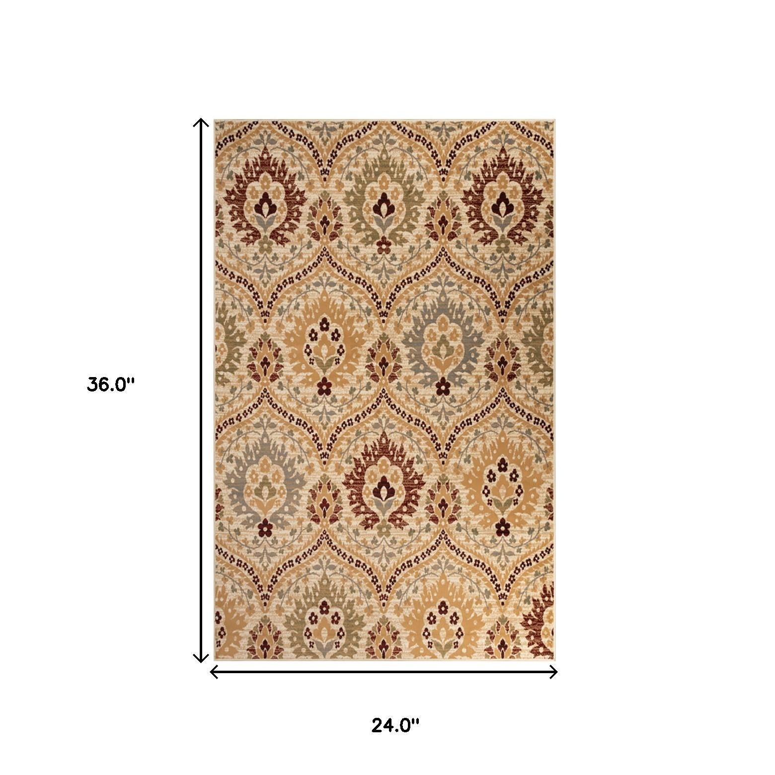 2' X 3' Camel Gray And Rust Floral Stain Resistant Area Rug