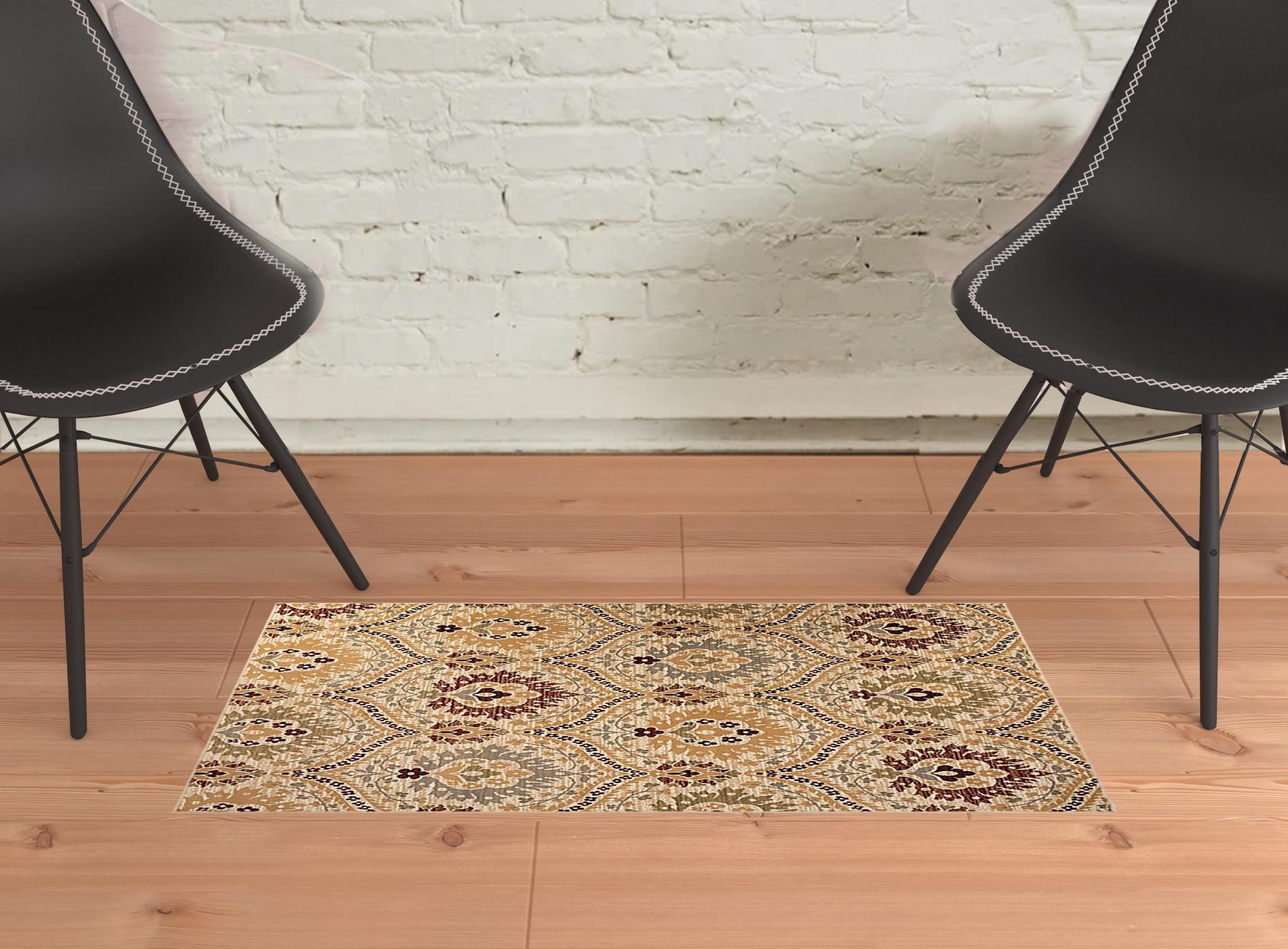 2' X 3' Camel Gray And Rust Floral Stain Resistant Area Rug