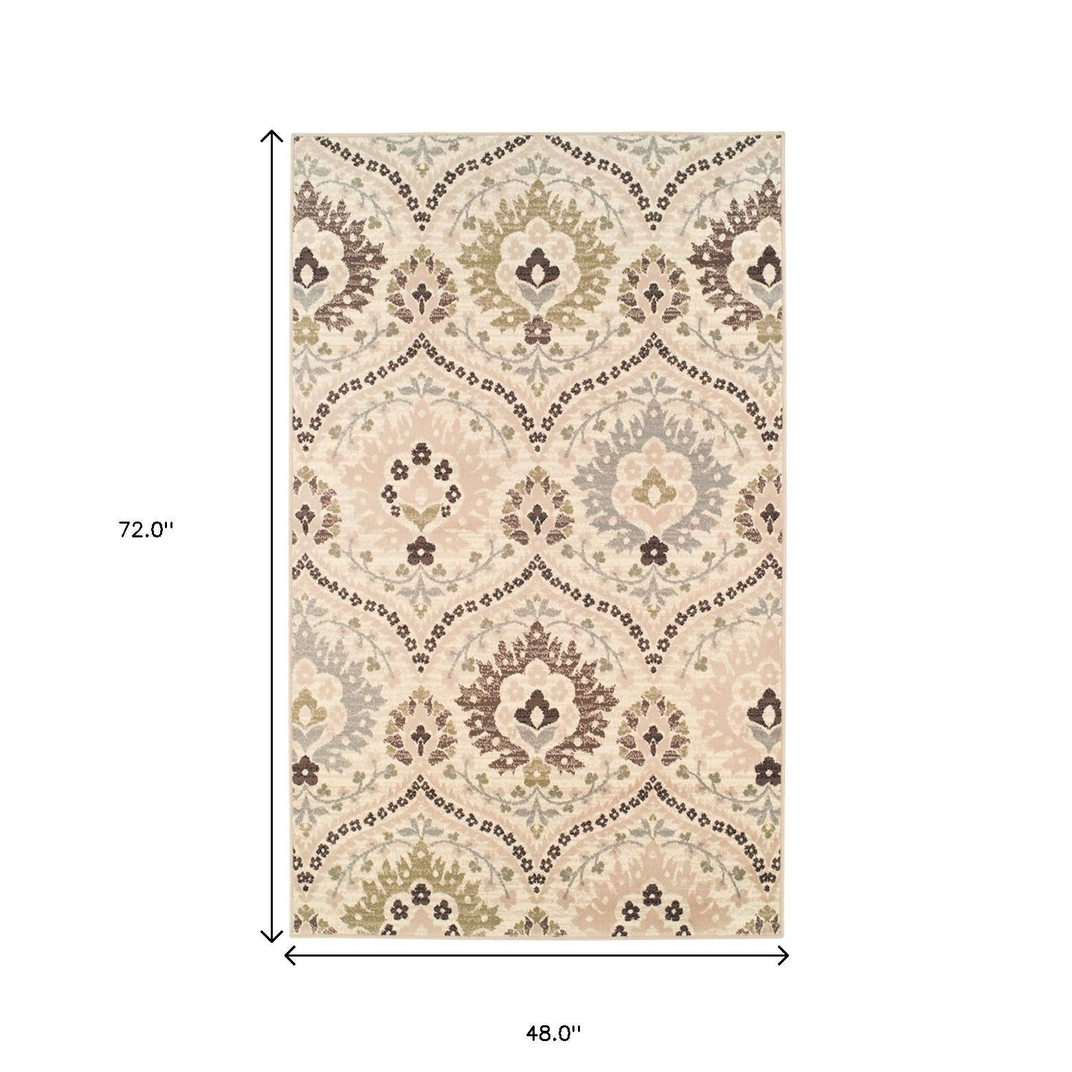 4' X 6' Ivory Gray And Olive Floral Stain Resistant Area Rug