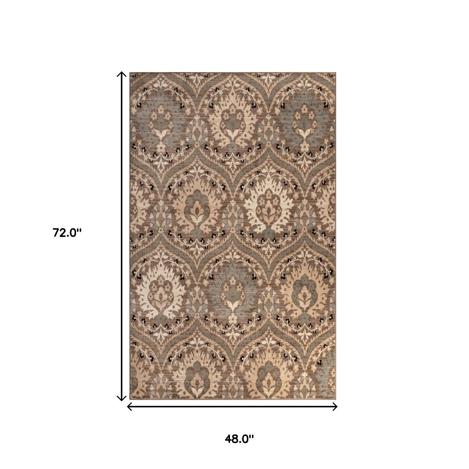 4' X 6' Ivory Beige And Light Blue Floral Stain Resistant Area Rug
