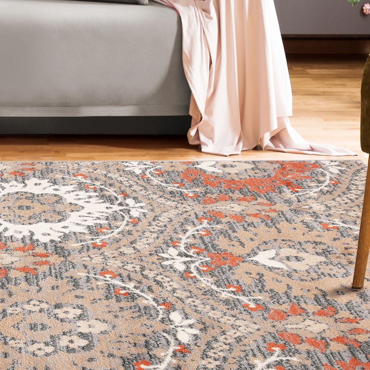 4' X 6' Rust Floral Stain Resistant Area Rug