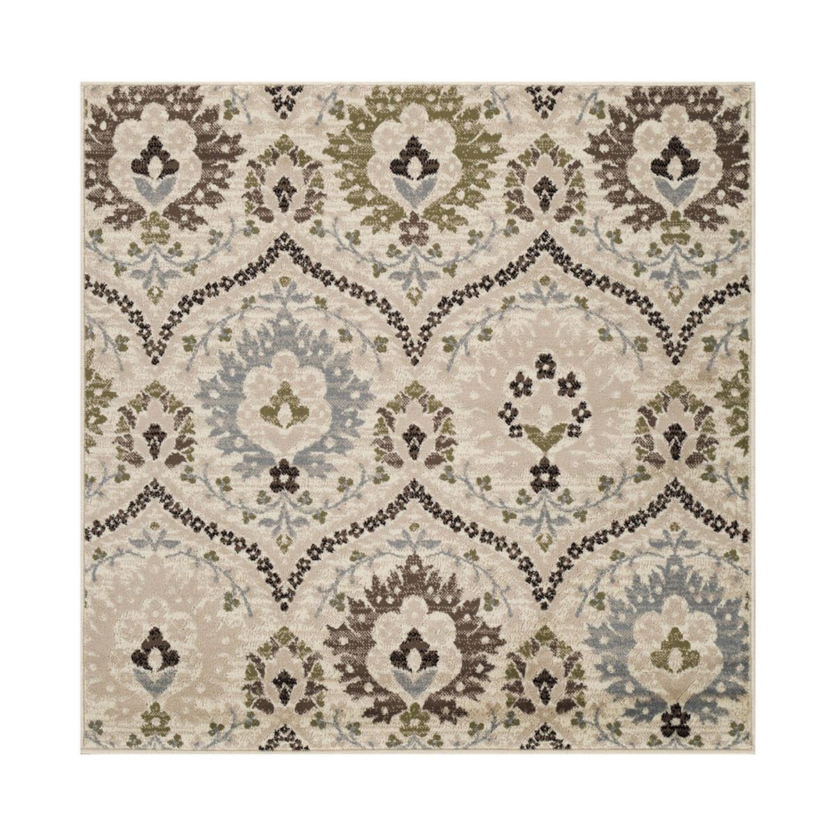 5' Square Ivory Gray And Olive Square Floral Stain Resistant Area Rug Default Title