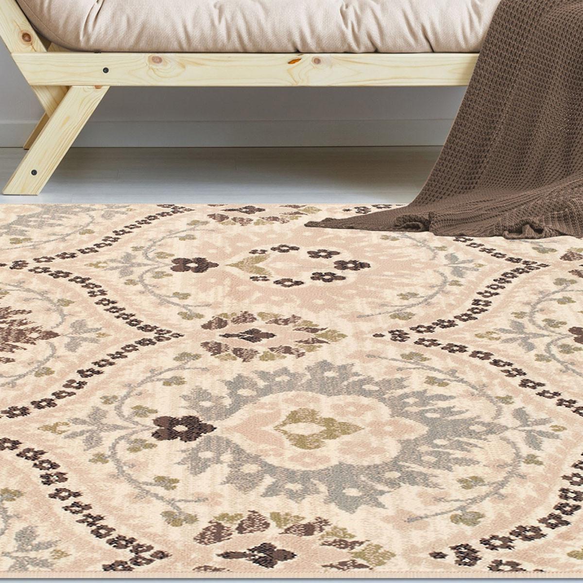 5' X 8' Ivory Gray And Olive Floral Stain Resistant Area Rug