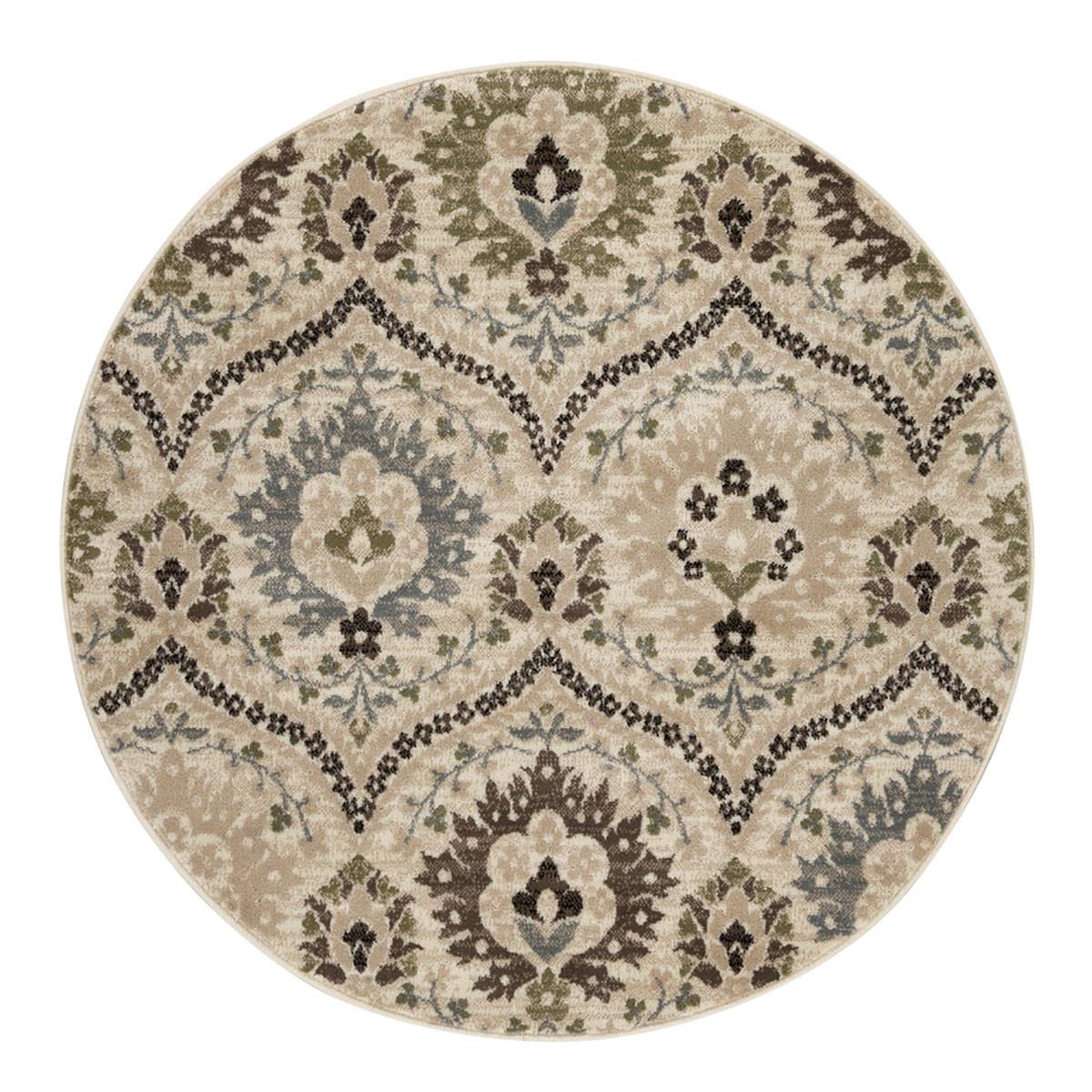 8' Round Ivory Gray And Olive Round Floral Stain Resistant Area Rug Default Title