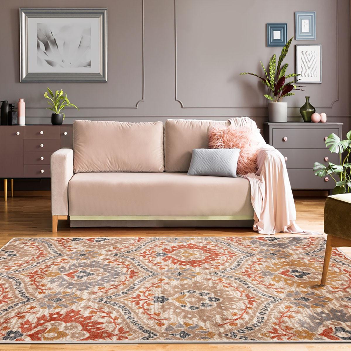 8' X 10' Ivory Orange And Gray Floral Stain Resistant Area Rug