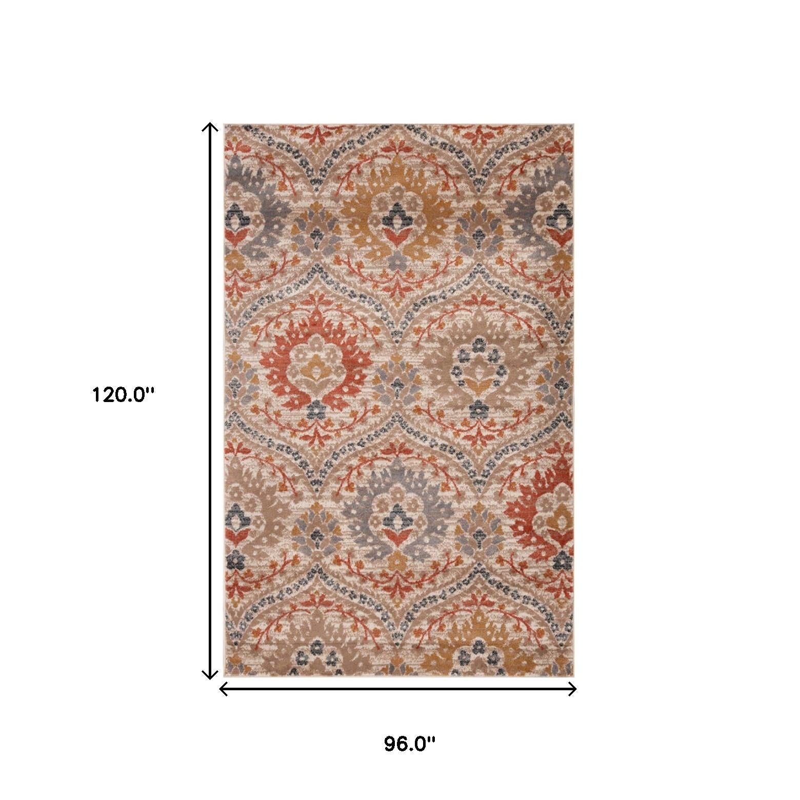 8' X 10' Ivory Orange And Gray Floral Stain Resistant Area Rug Default Title