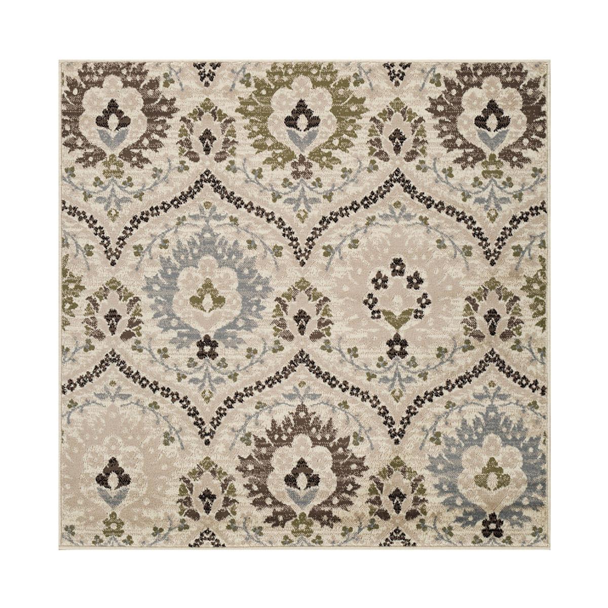 8' Square Ivory Gray And Olive Square Floral Stain Resistant Area Rug Default Title