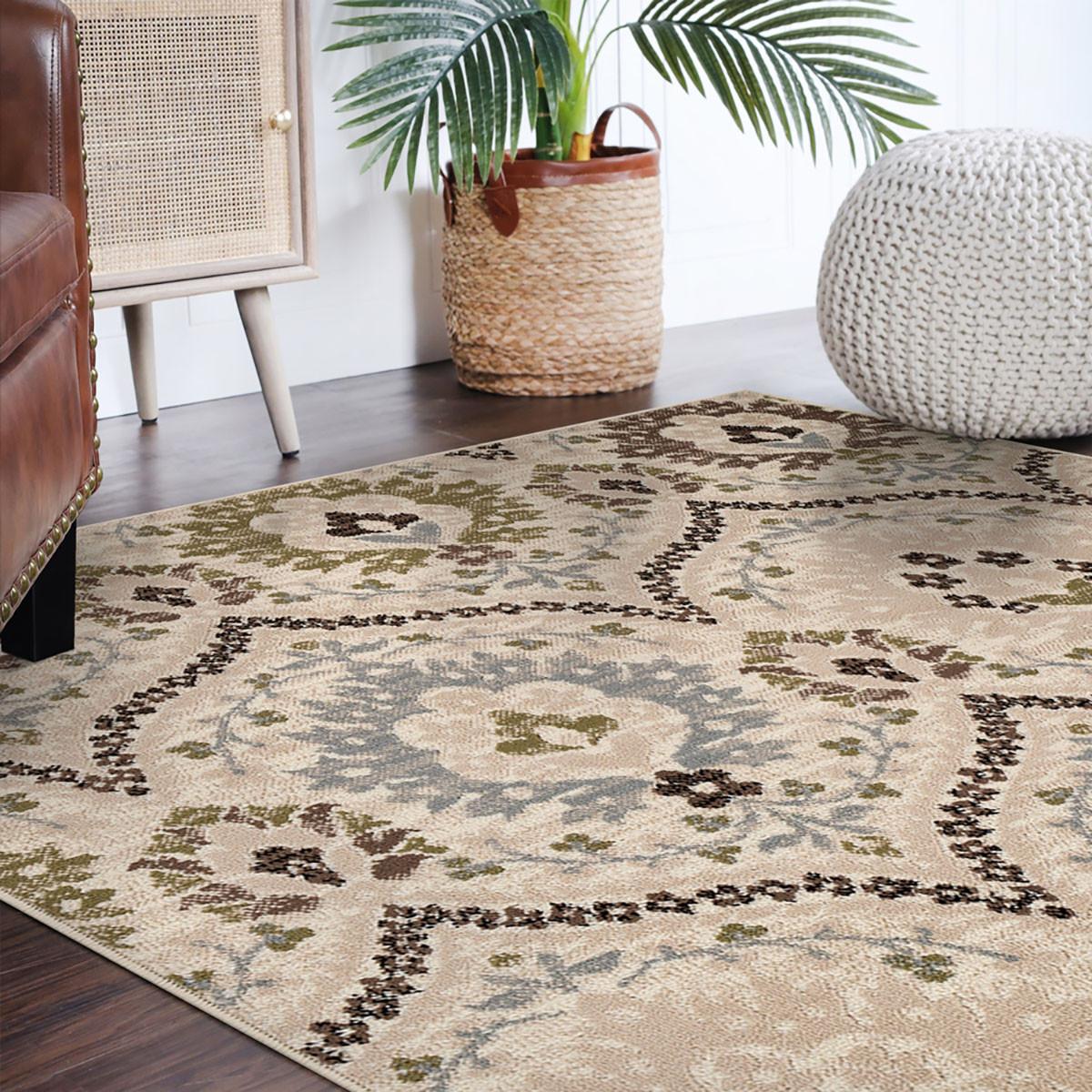8' Square Ivory Gray And Olive Square Floral Stain Resistant Area Rug