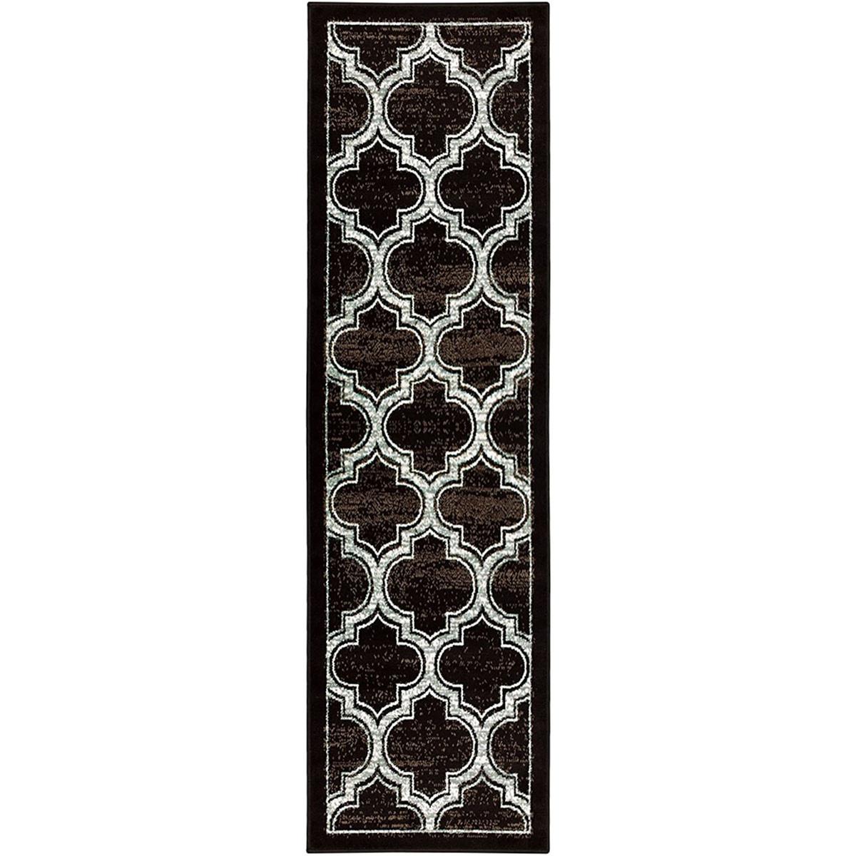 8' Black Geometric Stain Resistant Runner Rug