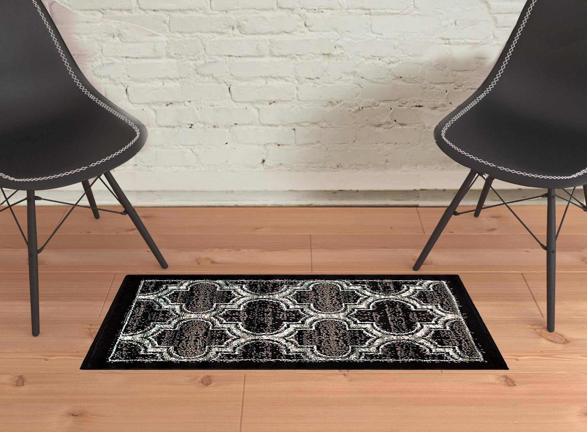 2' X 3' Black Geometric Stain Resistant Area Rug