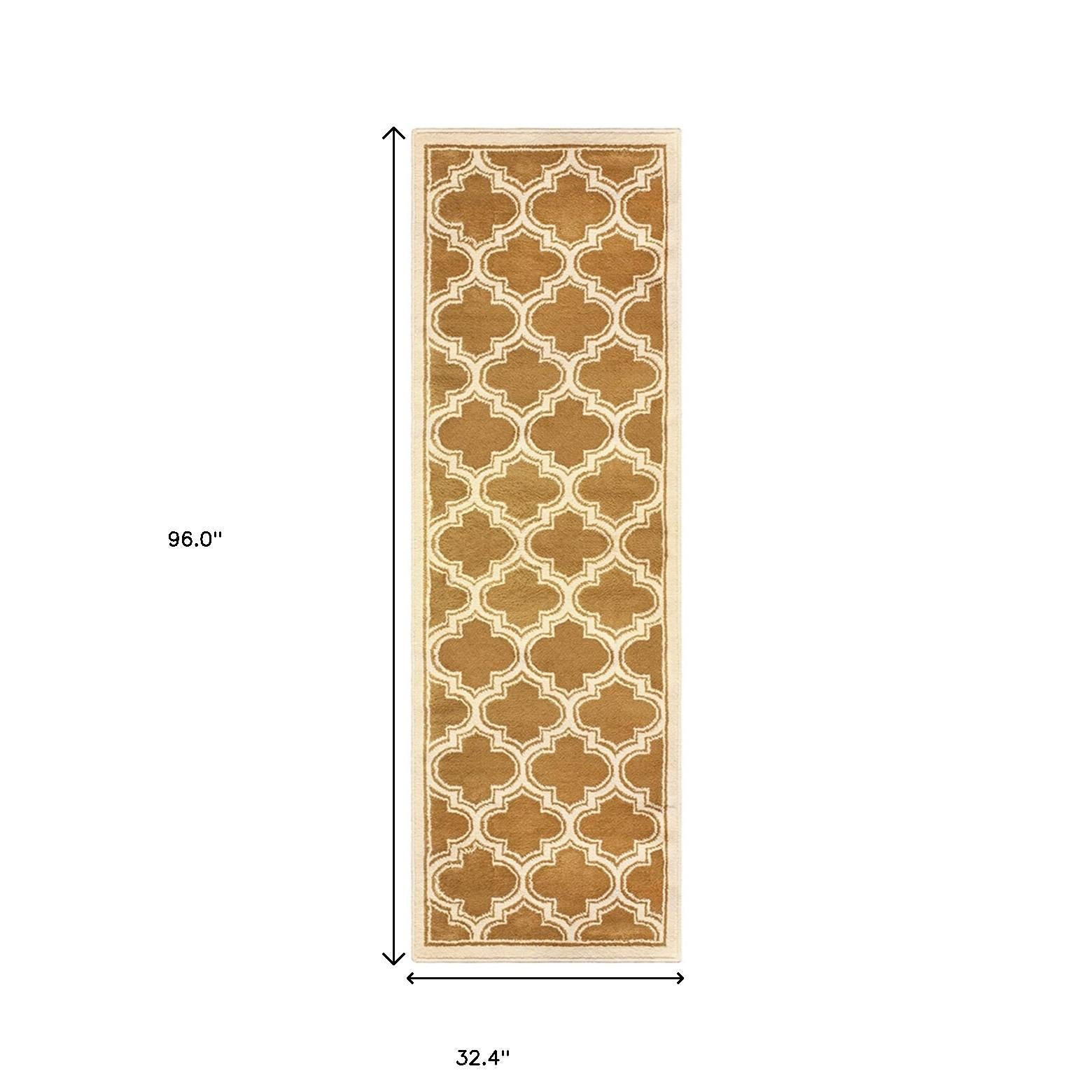 8' Apricot Brown Geometric Stain Resistant Runner Rug