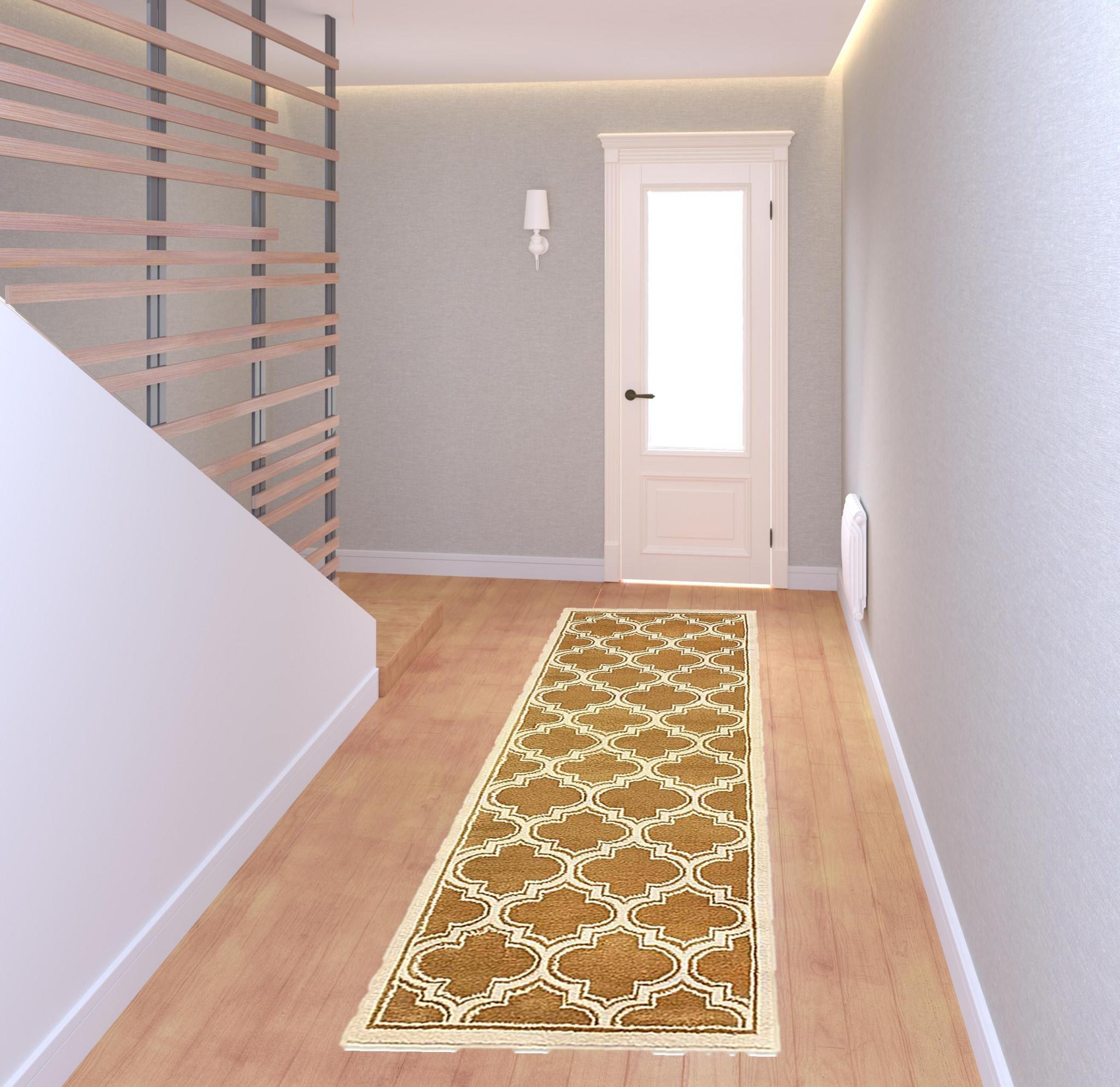 8' Apricot Brown Geometric Stain Resistant Runner Rug