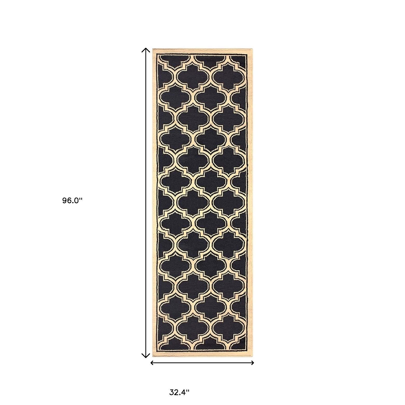 8' Dark Blue And Cream Geometric Stain Resistant Runner Rug