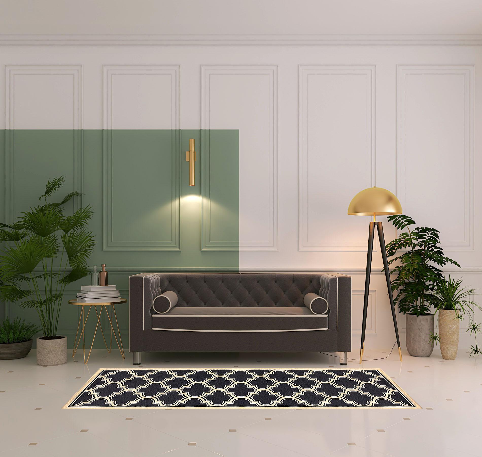 8' Dark Blue And Cream Geometric Stain Resistant Runner Rug