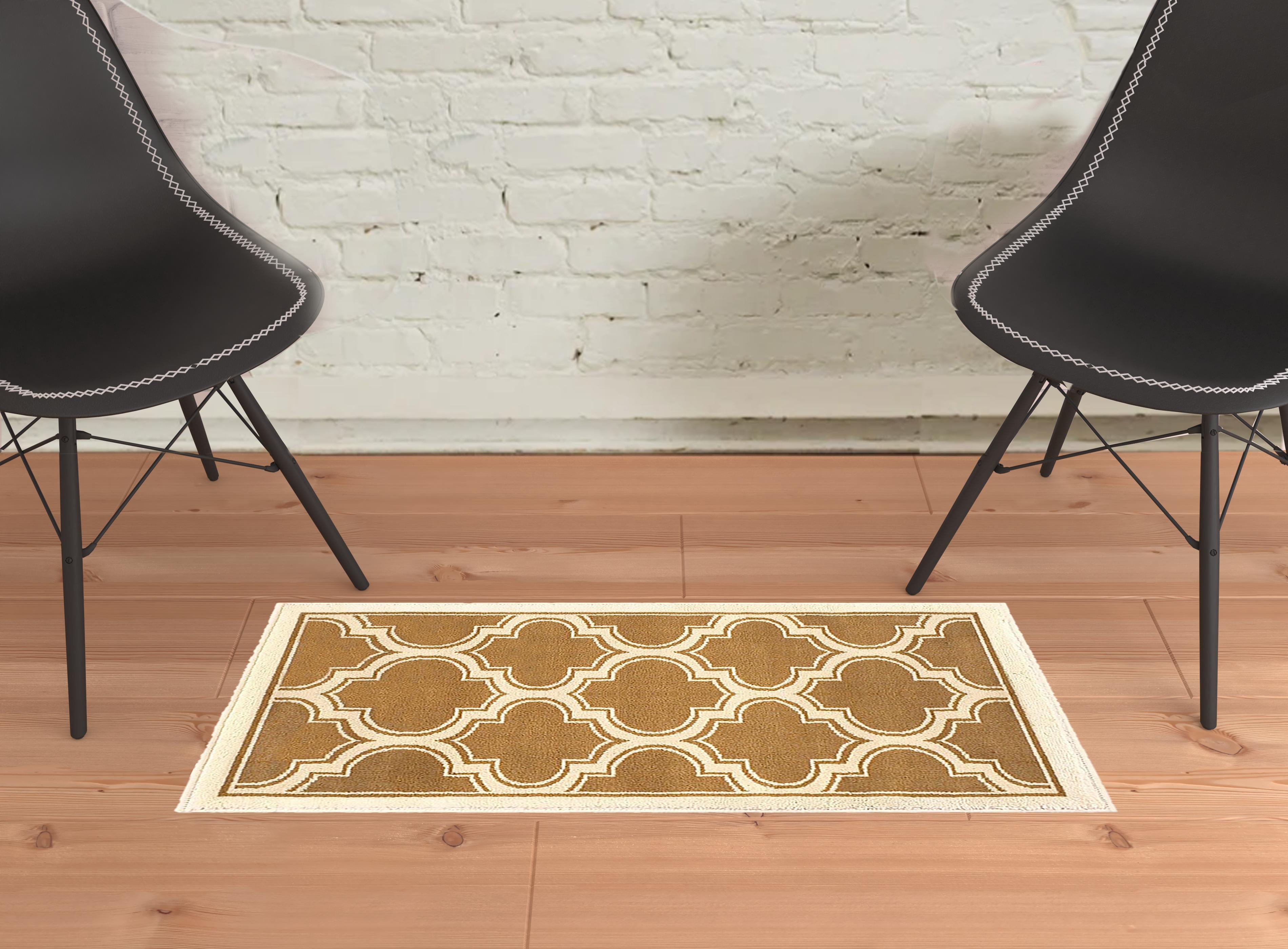 2' X 3' Apricot And Cream Geometric Stain Resistant Area Rug