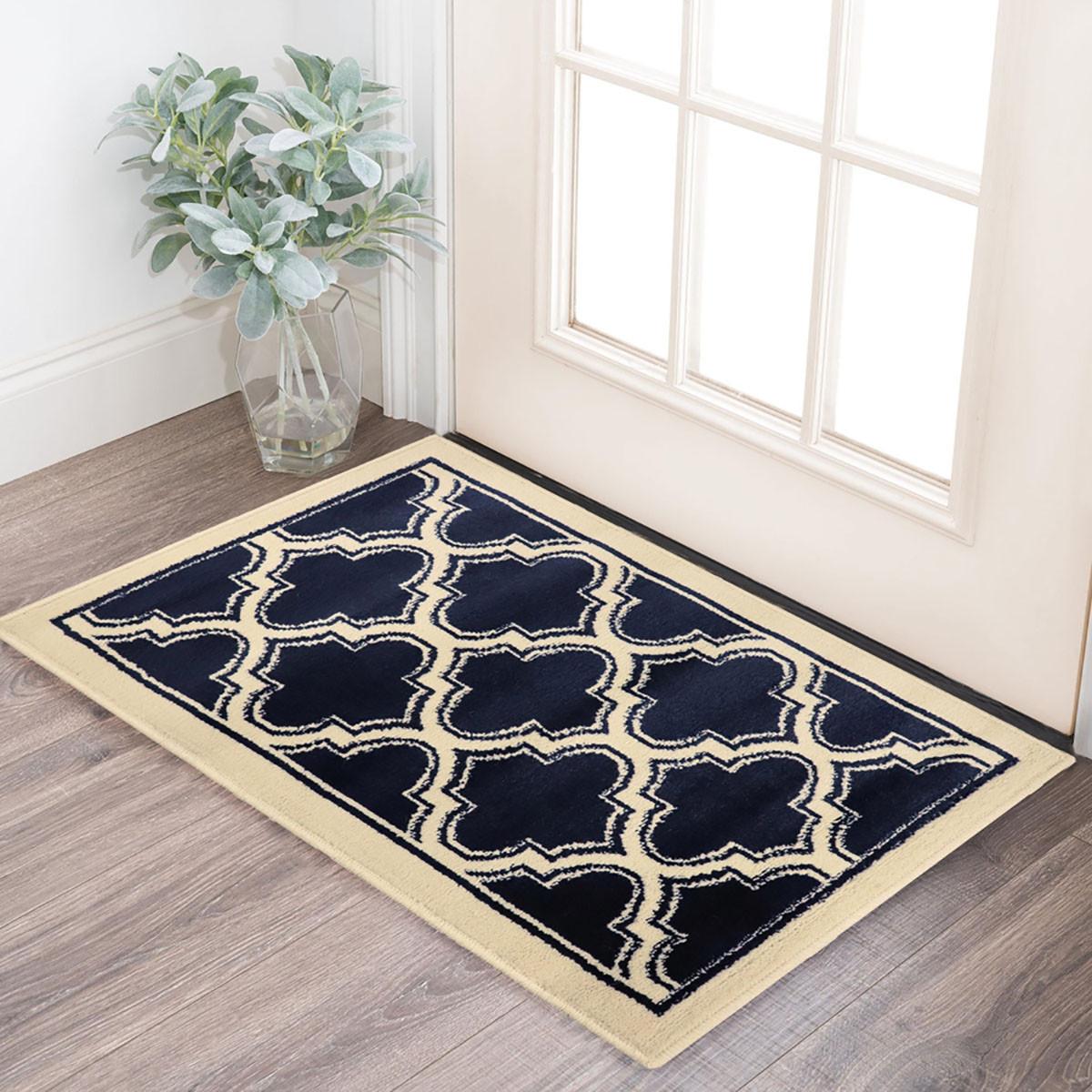 2' X 3' Dark Blue And Cream Geometric Stain Resistant Area Rug