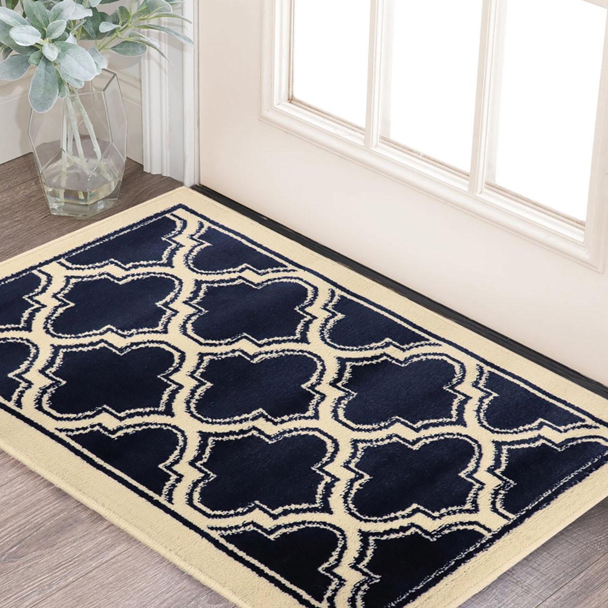 2' X 3' Dark Blue And Cream Geometric Stain Resistant Area Rug