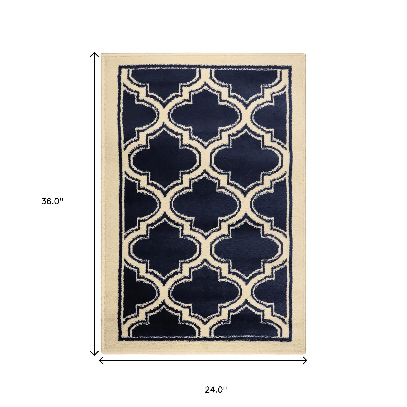 2' X 3' Dark Blue And Cream Geometric Stain Resistant Area Rug